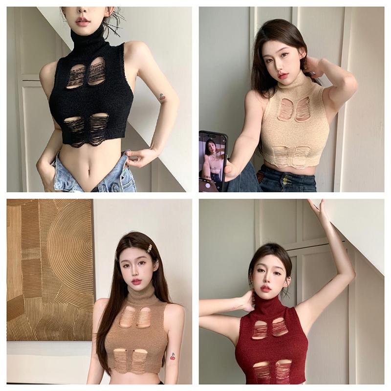 Summer Turtleneck Knitted Vest Women Sexy Hollow Out Sleeveless Slim Tank Top