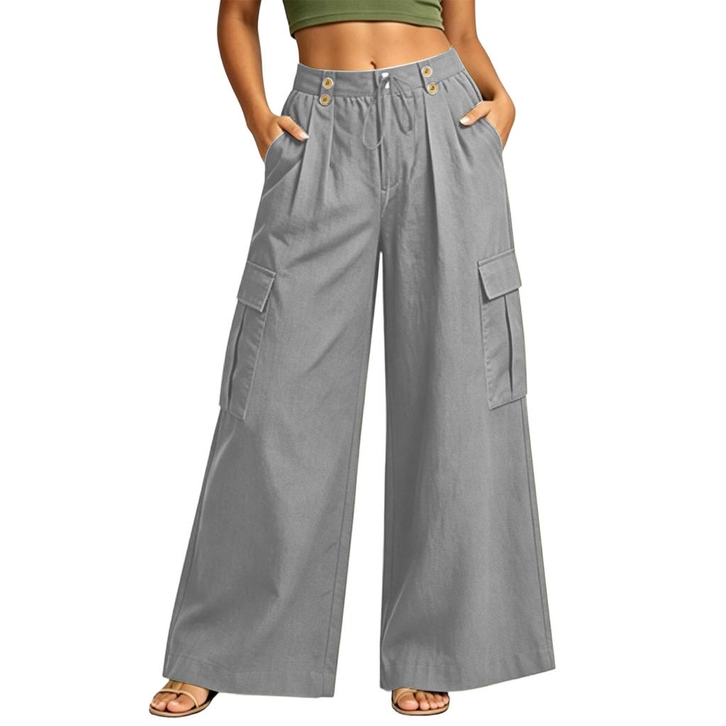 Women Wide Leg Cargo Pants High Waist Button Detail Loose Fit Casual Trousers with Side Pockets and Pleated Design