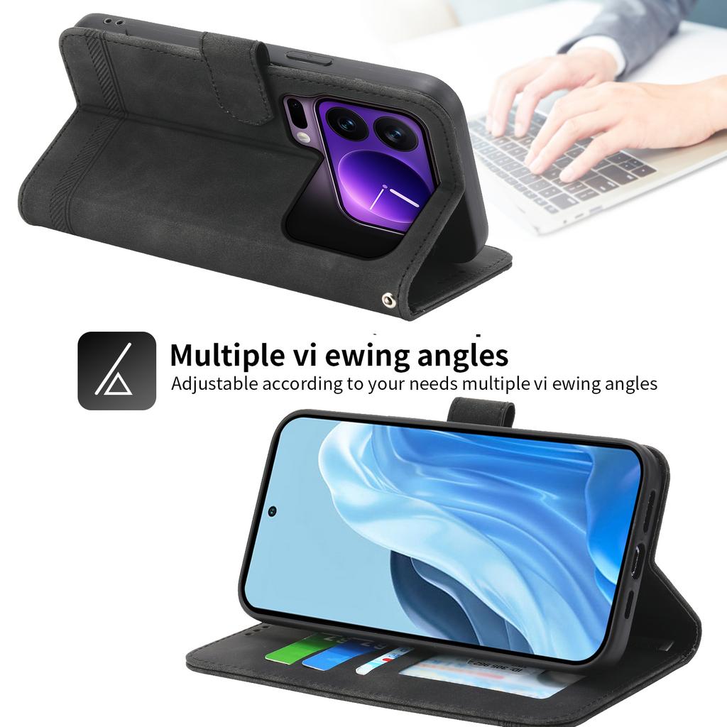 DIERFENG DF-03 For Xiaomi 17 Pro Case Lines Imprint Wallet Leather Phone Cover with Wrist Strap