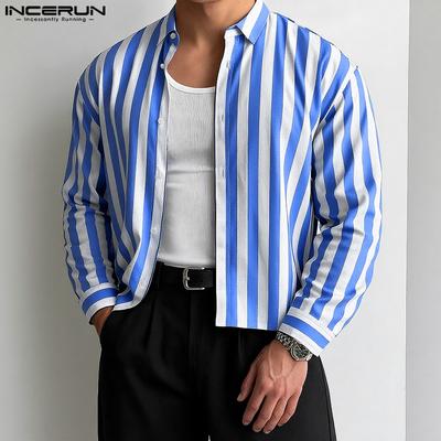 Camisas Listradas Soltas Casuais Masculinas Plus Size com Gola Lapela e Manga Longa para Escritório