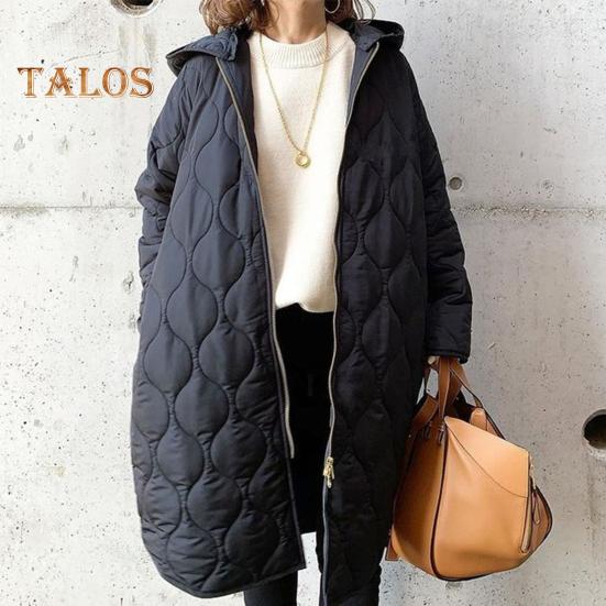 Fall Winter Women Jacket Hooded Zip-up Rhombus Texture Thin Padded Long Sleeves Mid Length Loose Work School Daily Coat