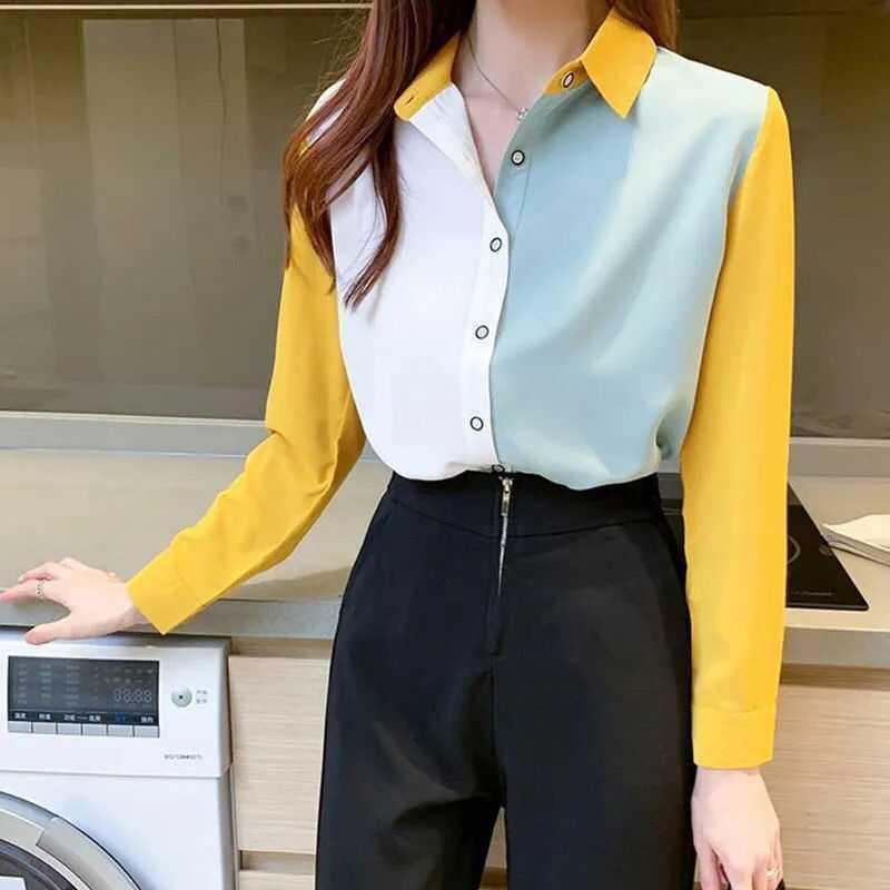 Korean Color-Block Long-Sleeve Chiffon Shirt for Women