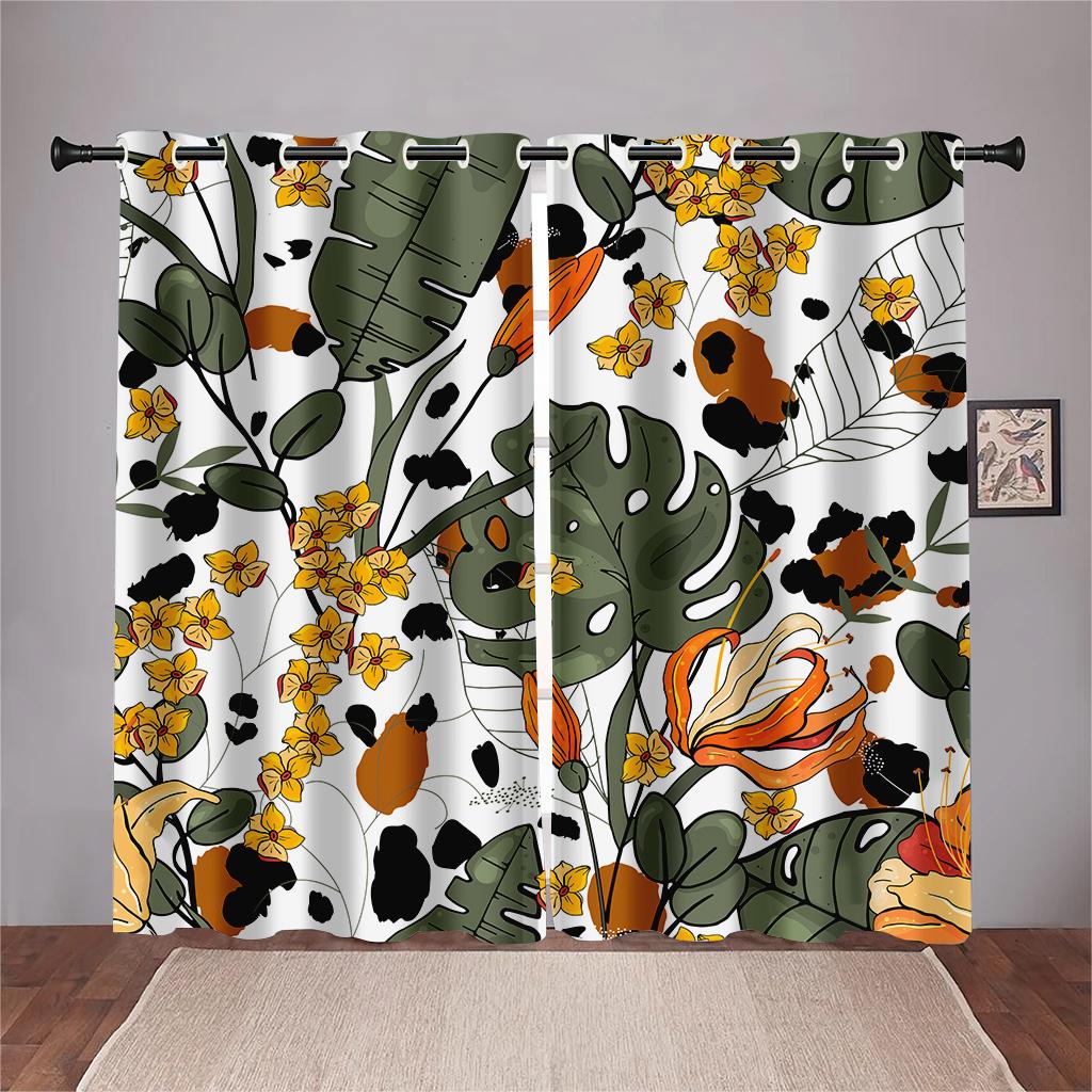 2 Panel Bird Tropical Plant Leaf Printed Curtains for Bedroom Living Room Blinds Window Cortinas Grommet Top Rod Pocket Drape