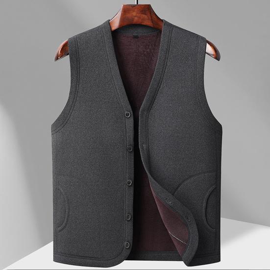 Men Vest Coat V-Neck Sleeveless Single Breasted Waistcoat with Pockets Solid Color Thickened Velvet Lining Coldproof Vest