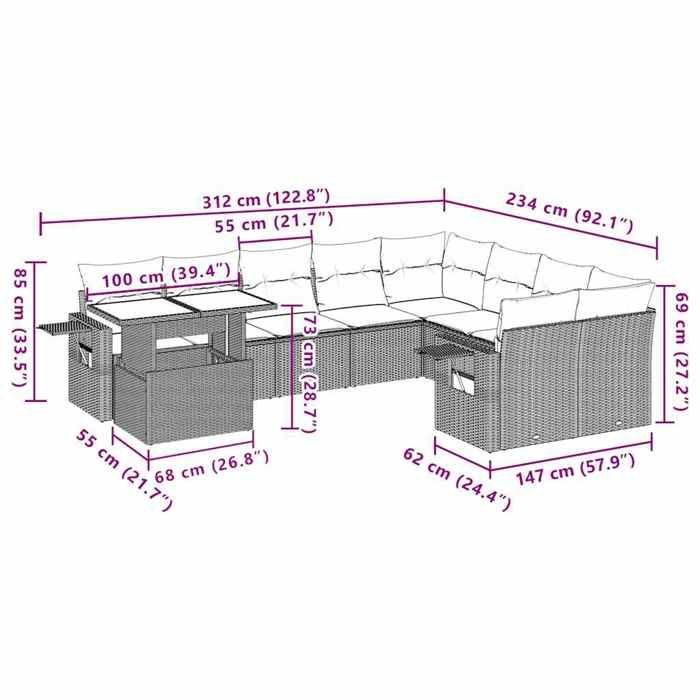 VidaXL Salon de jardin 10 pcs avec coussins noir résine tressée 3268135