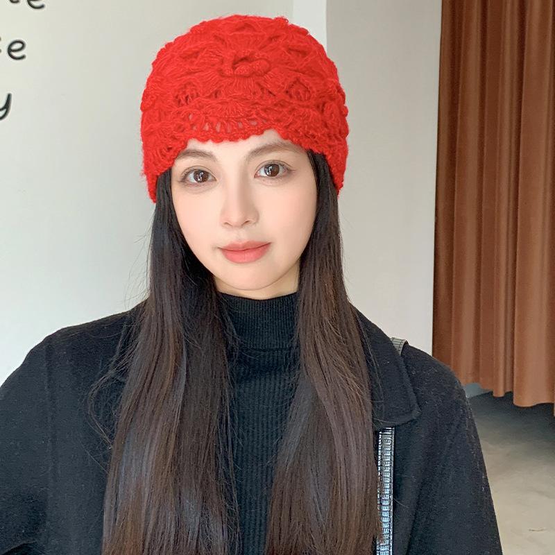 Wool Hat Women's Autumn and Winter New Warm Bag Head Confinement Hat Fashionable Trendy Hollow Handmade Knitted Hat