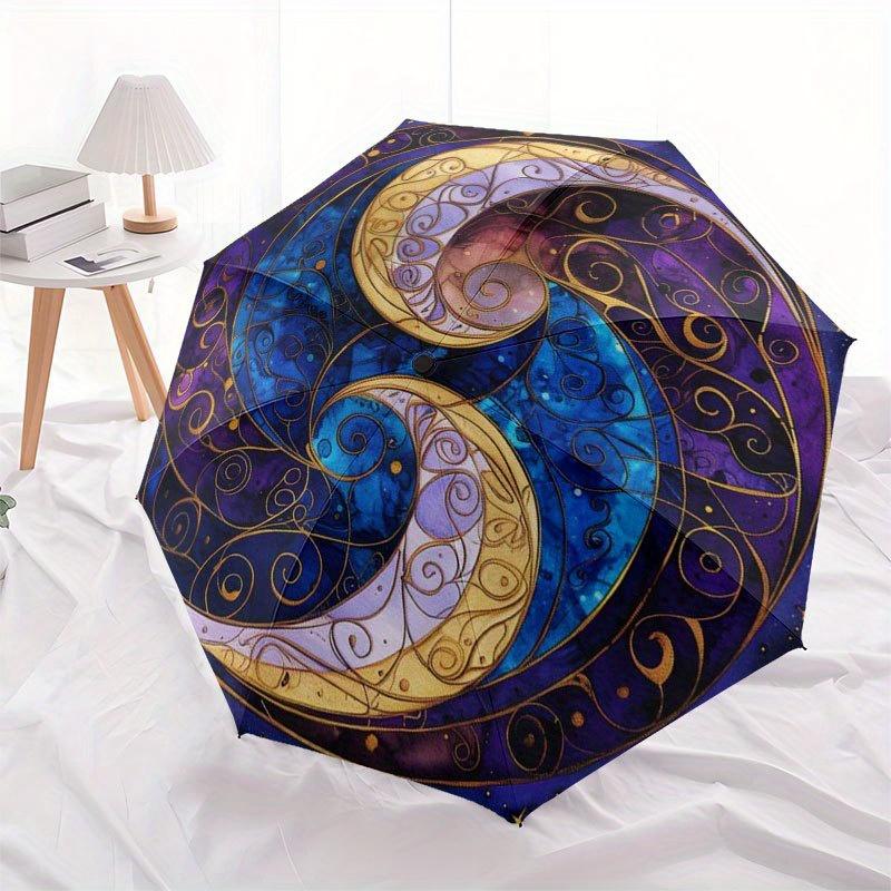 Yin Yang Moon Phases Wall Art: Celestial Harmony DecorUmbrella with Cute Design, Portable 3-Fold Compact Umbrella for Men & Women, Valentine's Day Mot
