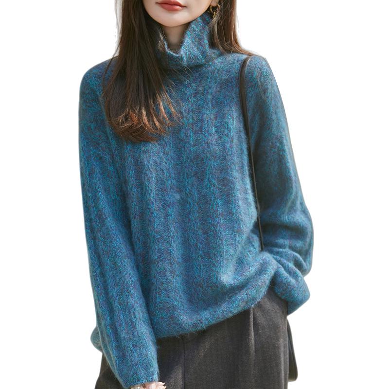Women's 95% Wool Cashmere High-Neck Oversized Sweater - Brushed Yarn Knit Base Layer for Autumn/Winter