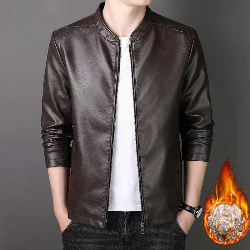 Men's Leather Jacket Autumn and Winter New Trend Versatile Casual Stand Collar Large Size Plus Fleece Leather Jacket for Men