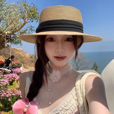 French Flat Top Women's Wide Hat Straw Woven Hat Summer Beach Gardening Sun Hat Swimming Pool Camping Straw Hat
