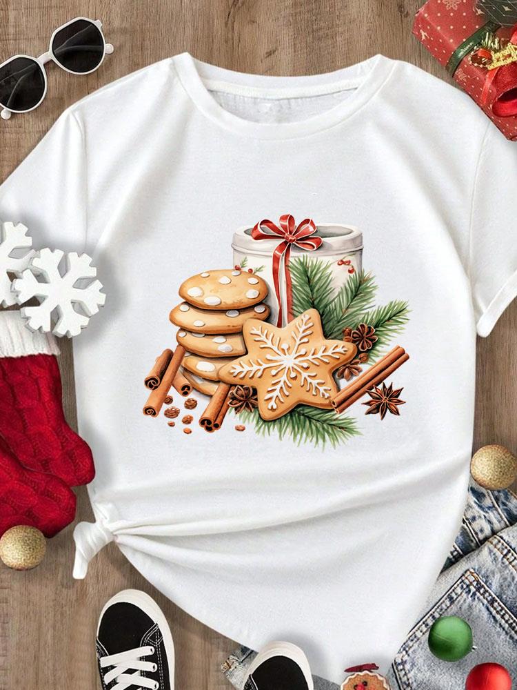 (Asian Size) Tee Merry Christmas New Year Holiday Top festival Casual tree letter style Women Print Lady Short Sleeve Fashion Graphic T-shirts