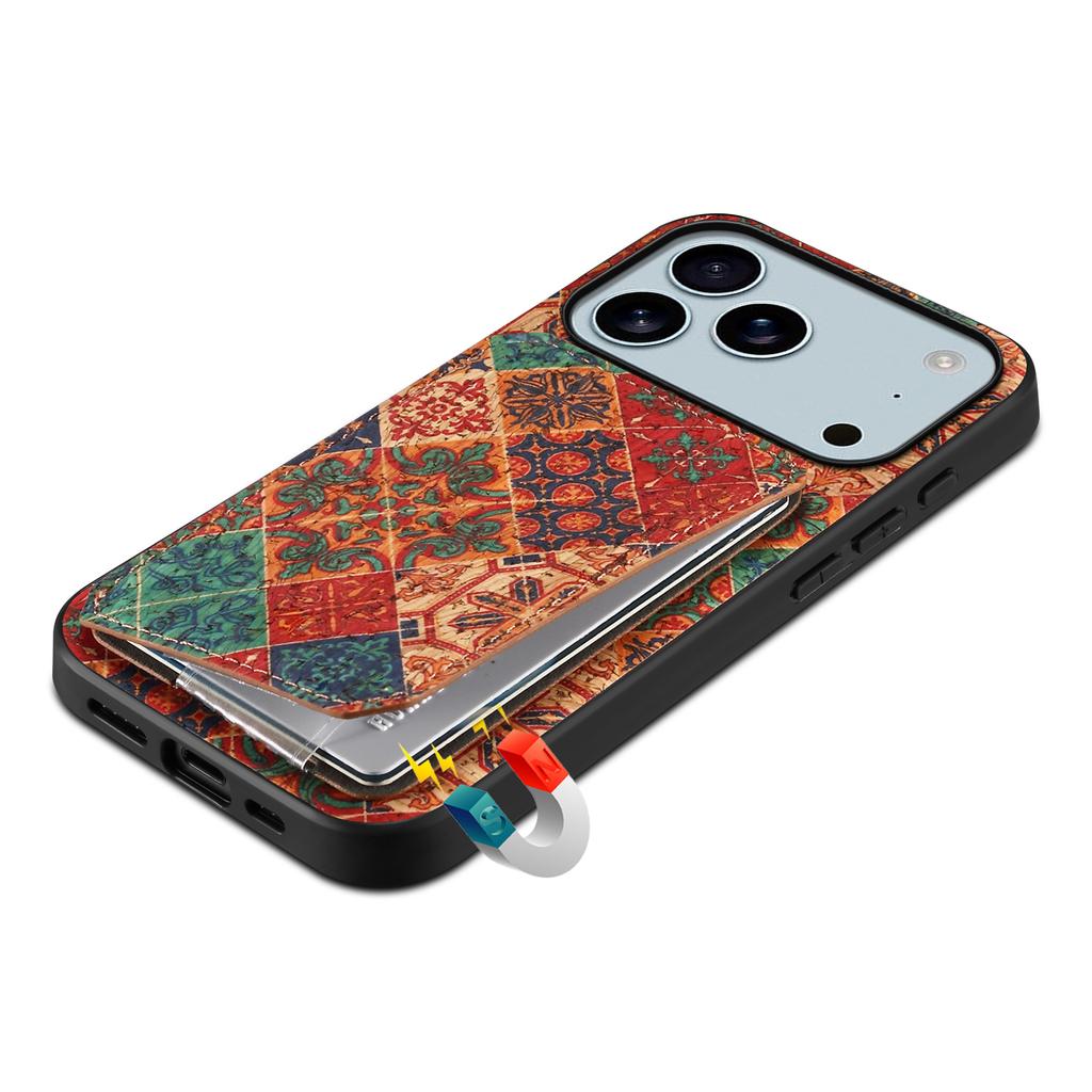For iPhone 17 Pro Case with Card Holder Kickstand Flowers Design Leather Phone Cover