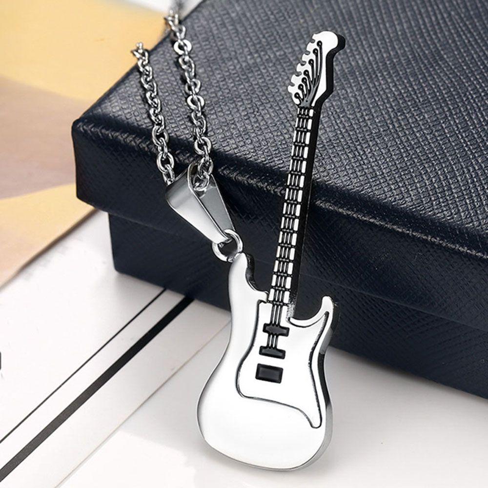 Men Stainless Steel Rock Chain Guitar Pendant Necklace