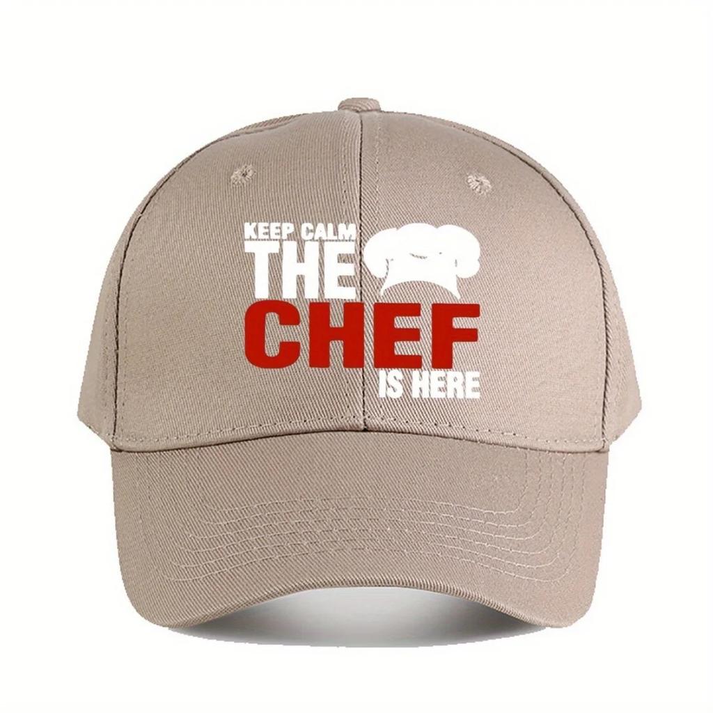 Keep Calm The Chef Is Here Funny Baseball Cap Adjustable Snapback Hat for Unisex Women Navy Blue with White Text