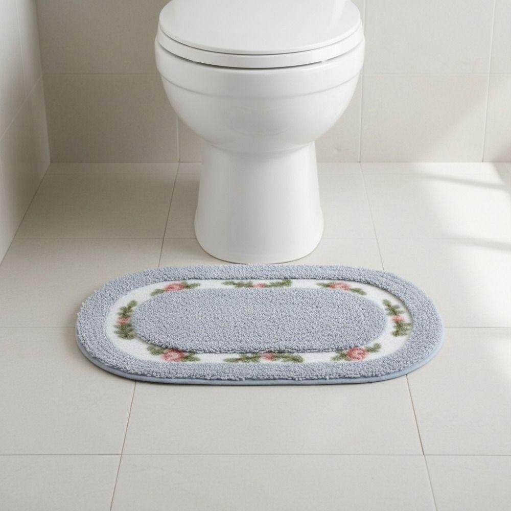 Practical Fluffy Rose Pattern Door Mat Absorbent Pastoral Style Oval Floor Rug Nonslip Thickened Bath Mat Home Decoration