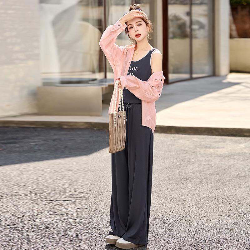 

Женский кардиган, рубашка и брюки палаццо от солнца на весну/лето 2025 года - Стильный, миниатюрный, омолаживающий комплект из 3 предметов XXL серый/розовый