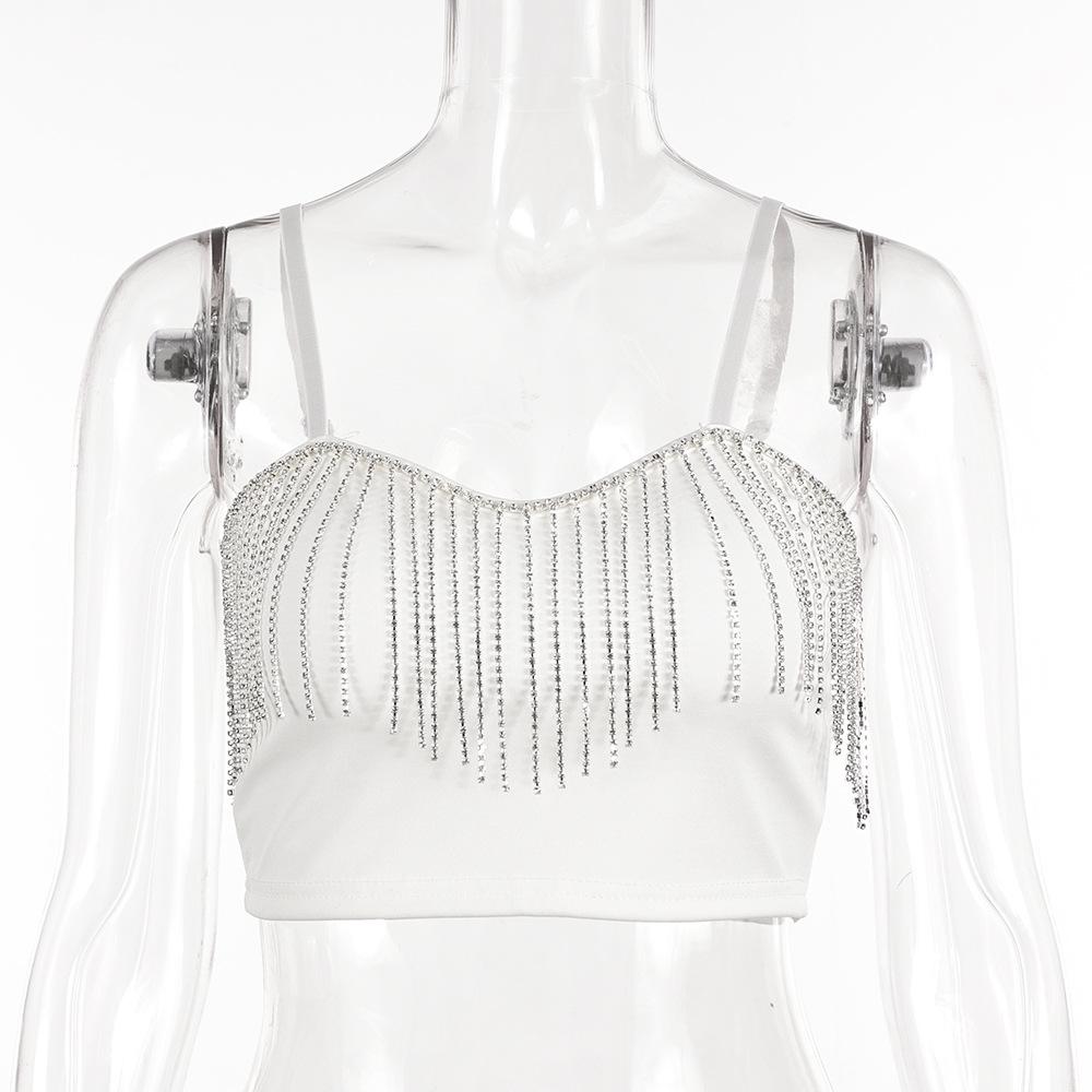 

Женский топ для ночного клуба с кисточками и стразами, без бретелек, с цепочкой и подтяжками, сексуальный, универсальный M белый