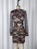 European & American Leopard V-neck Mesh Long Sleeve Slim-fit Hip-hugging Dress