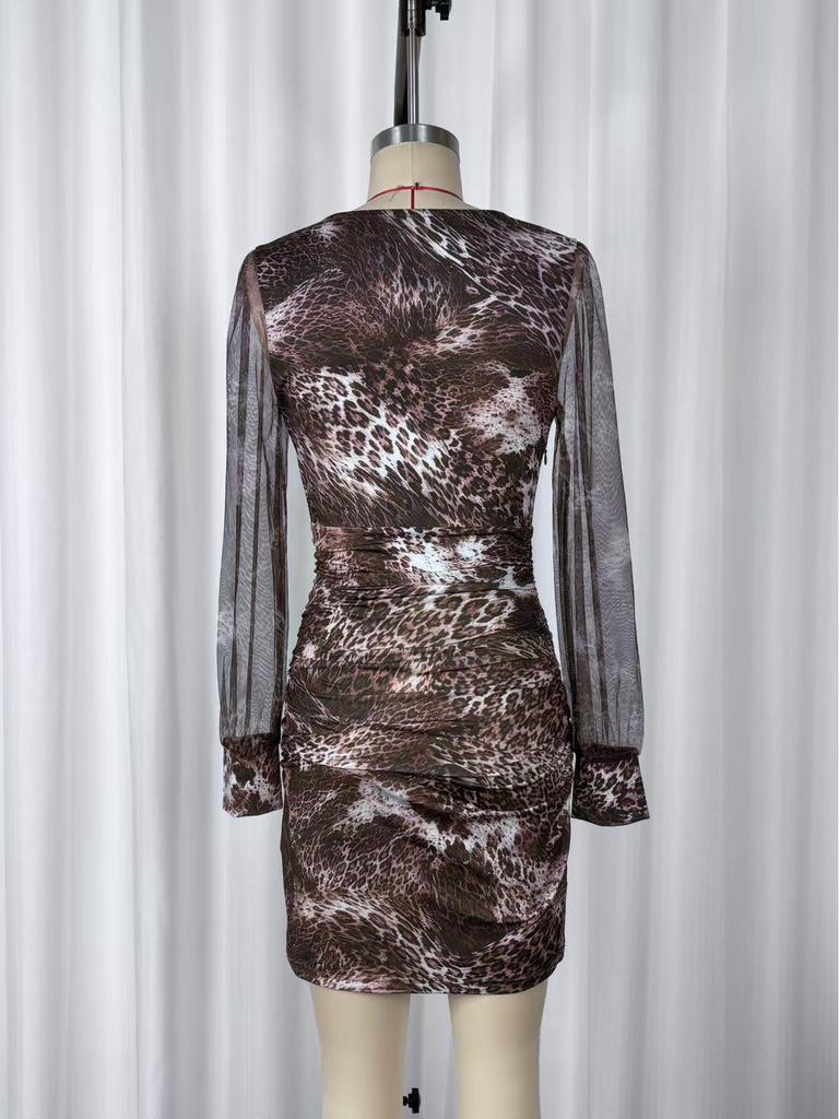 European & American Leopard V-neck Mesh Long Sleeve Slim-fit Hip-hugging Dress