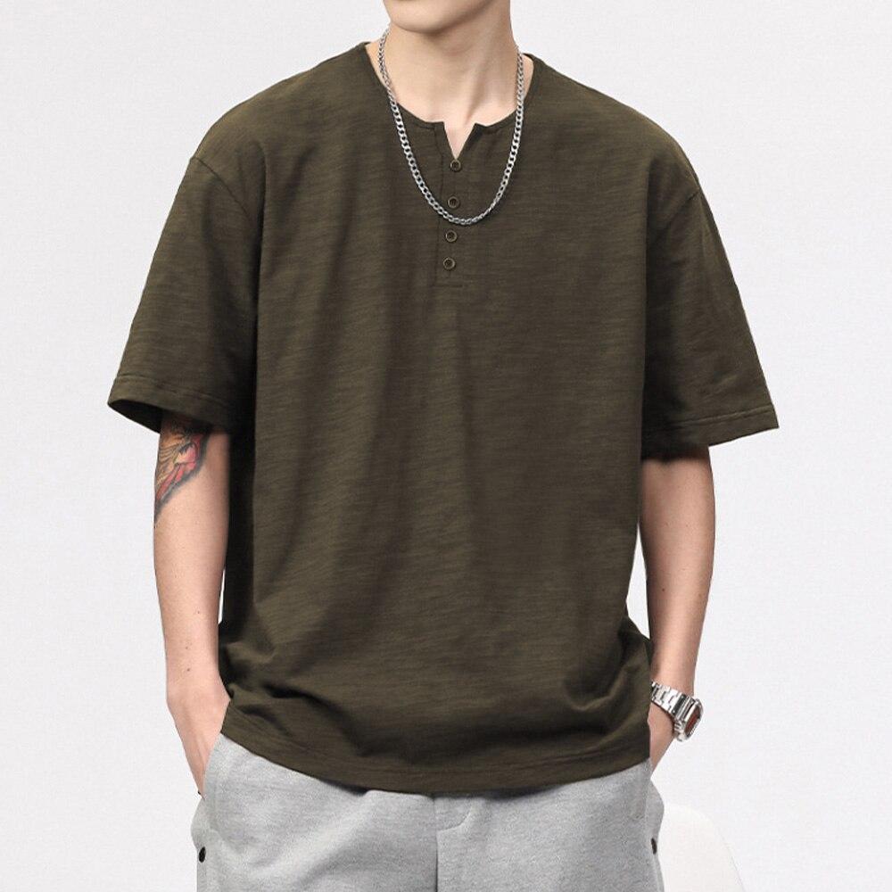 Men's Short-sleeve T-shirt Henley Collar Summer Casual Solid Color T Shirt for Men Polo High Quality Mens T-shirts