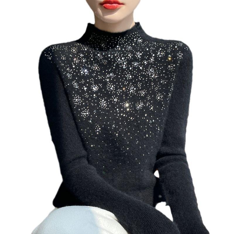 Temperament Hot Diamond Semi-turtleneck Sweater Women's Autumn and Winter New Skinny Long Sleeve Bottom Knitted Sweater Top