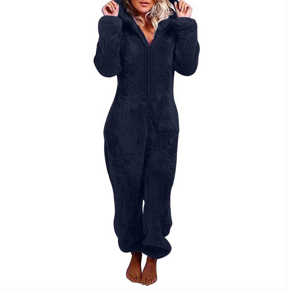 

2024 Trendy European/American Fleece-Lined Hooded Jumpsuit Pajamas for Women - 22 Colors Available XL