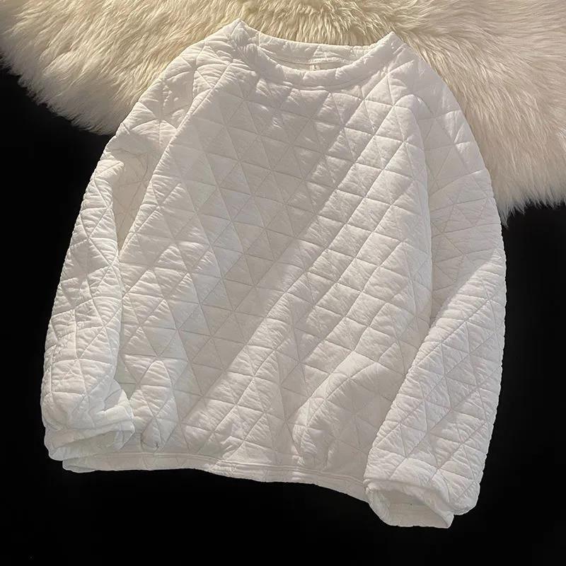 Women's High-End Diamond Pattern Quilted Sweatshirt - Korean Style, Slimming, No-Hood, Round Neck, Autumn/Winter Fashion