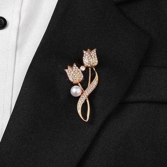 Women Alloy Brooch Pin, Tulip Shape Lapel Badge with Imitation Pearl Rhinestones Inlaid, Brooch Versatile Accessory for Sweaters Collars Hats Bags