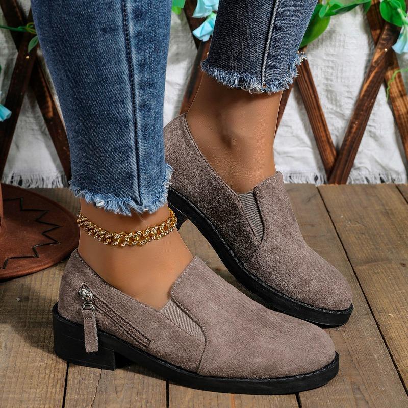 

Женская мода Обувь на толстом каблуке Осень Новые Туфли с круглым носком из замши на молнии сбоку Противоскользящие Износостойкие Удобные Туфли с низким верхом 43 серый