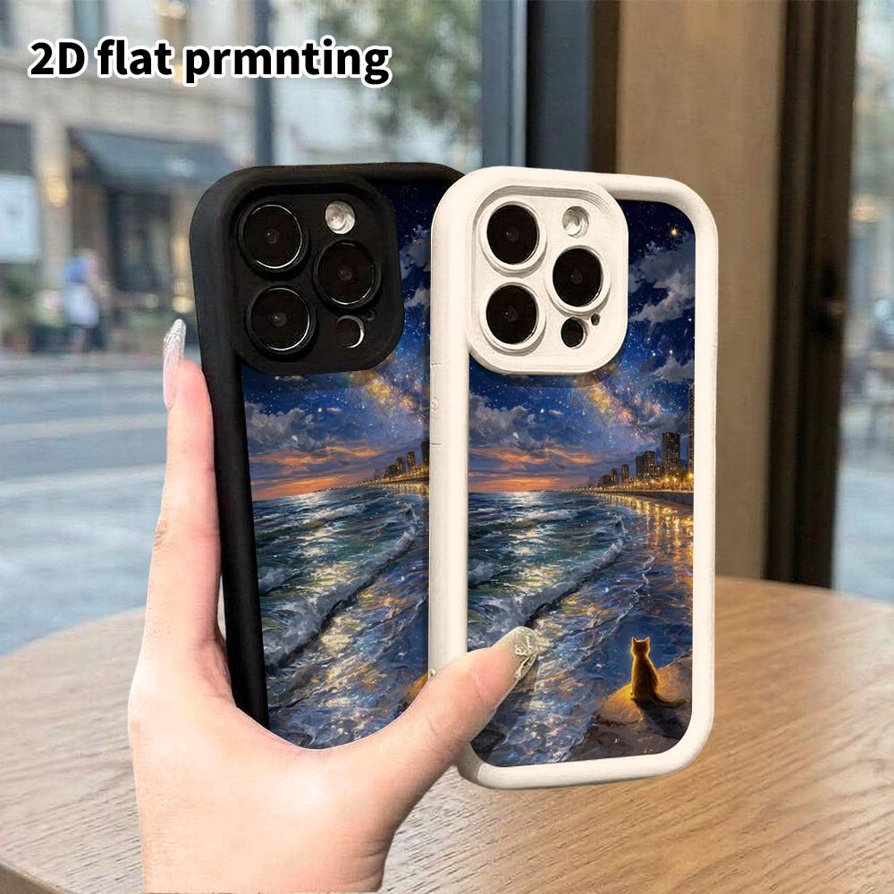 Phone Case: 2D Flat Design Suitable for iPhone 18 17 16 15 14 13 Pro Stepped Protective Case, Watching a Little Cat, Halloween Gift
