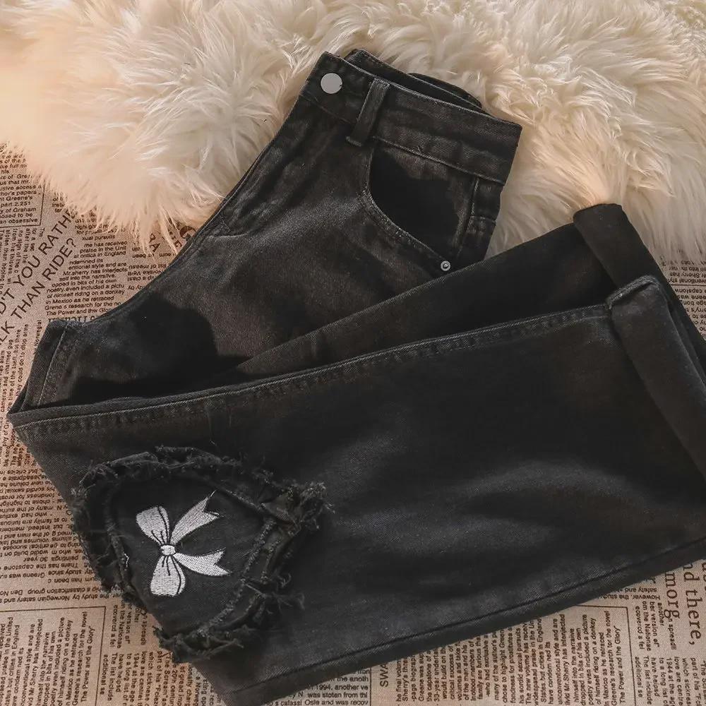 Damen High-Waist Schwarze Love Schleife Bestickte Jeans - Neuer Frühling/Herbst Stil mit Geradem, Lockerem Weitem Bein