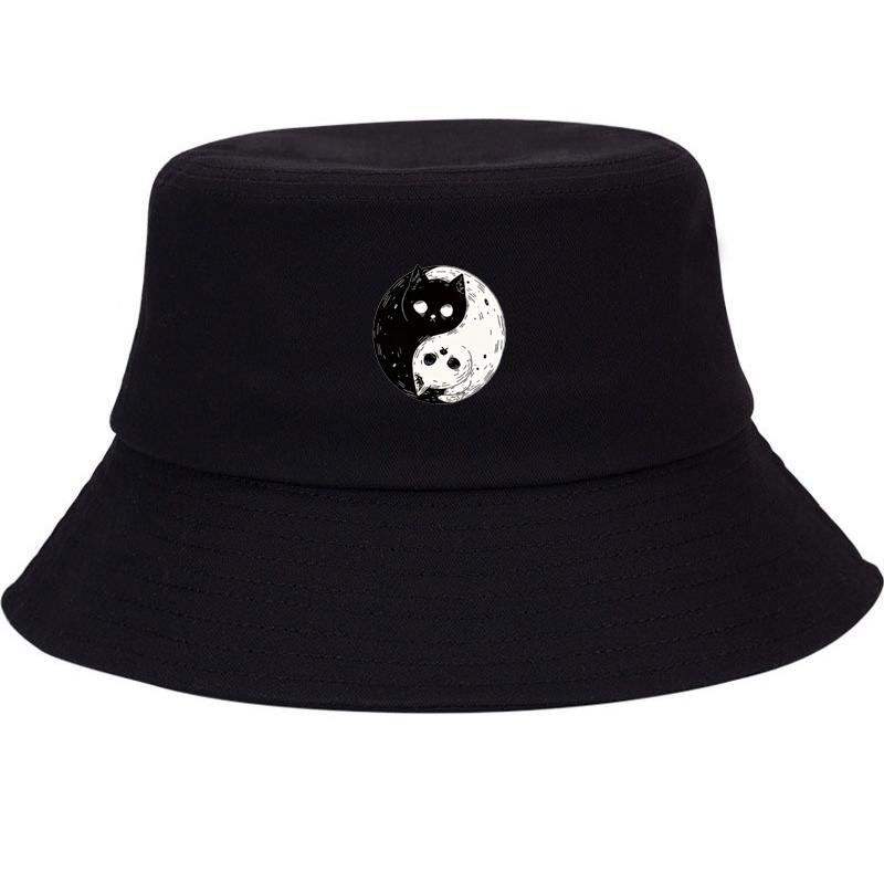 Bucket Hat Cotton Fisherman Hat for Women Men Yin Yang Kitten Print Sun Protection Wide Brim Outdoor Casual Breathable Sun Hat