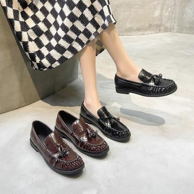 Loafers Women's British Style New Patent Leather Tassel Braided Round-toe Single Shoes with One Foot Genuine Leather Shoes