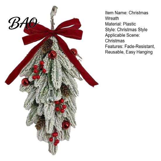 Winter Holiday Home Decor Flocked Christmas Teardrop Swag for Front Door, Artificial Pine with Red Wreaths Berries Velvet Bow, Snowy Hanging