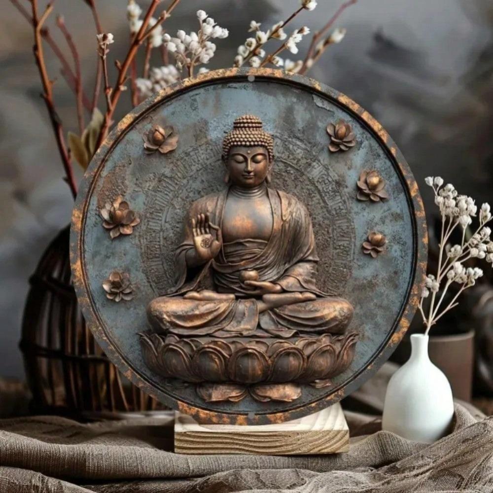 2D Round Metal Wall Art Aluminum Buddha Decor Sign For Home Office Party