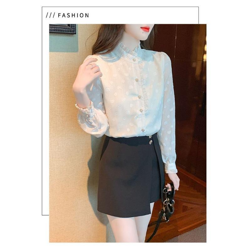 French Stand-up Collar Chiffon Shirt for Women Fashionable and Beautiful Shirt Long-sleeved Bottoming Shirt Top