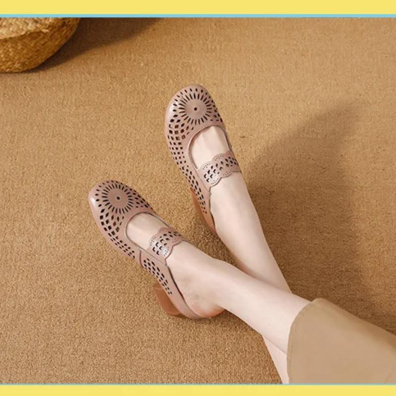 Johnature Mid Heel Slippers Ethnic Style Genuine Leather Hollow Out Breathable Women's Shoes