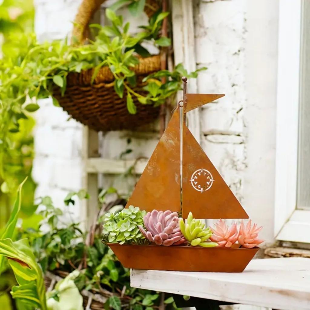 Creative 3D Sailing Ship Iron Art Plant Desktop Decoration Flower Pot Garden Decoration Ornament