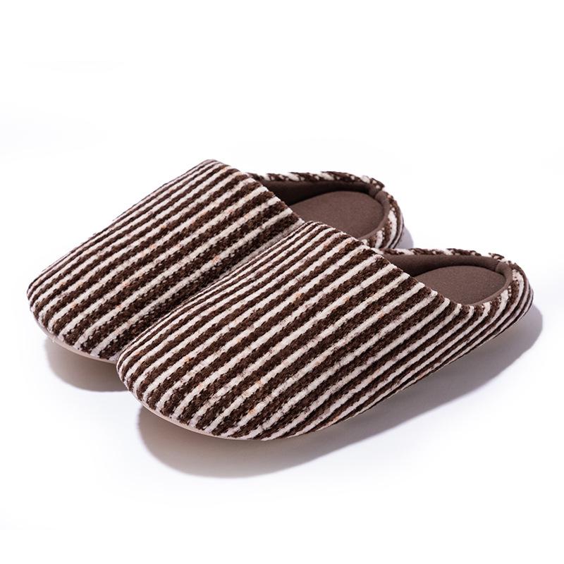 New simple striped silent home slippers autumn and winter indoor household velvet warm couple cotton slippers