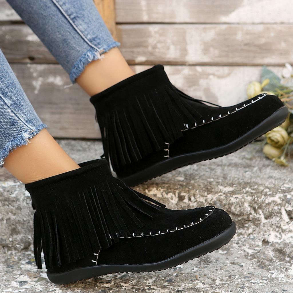 Large Size Rivet Flat Bottom Fringed Cotton Boots New Short Tube Round Head Suede Martin Boots