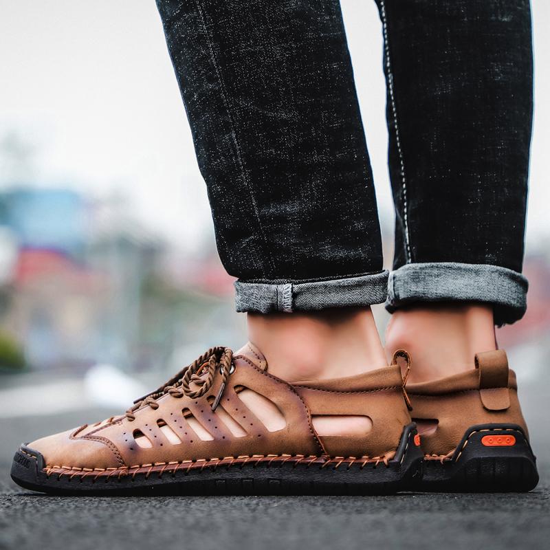 Fashion Big Size Men Leather Beach Sandals Outdoor 2024 Summer Handmade Men Shoes Men Breathable Casual Shoes Footwear Walking Sandals