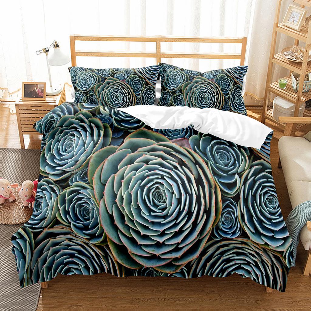 Succulent Plants Green Plant Duvet Cover Set Polyester Comforter Cover King Queen Full Size Bedding Set with Pillowcase for Teen