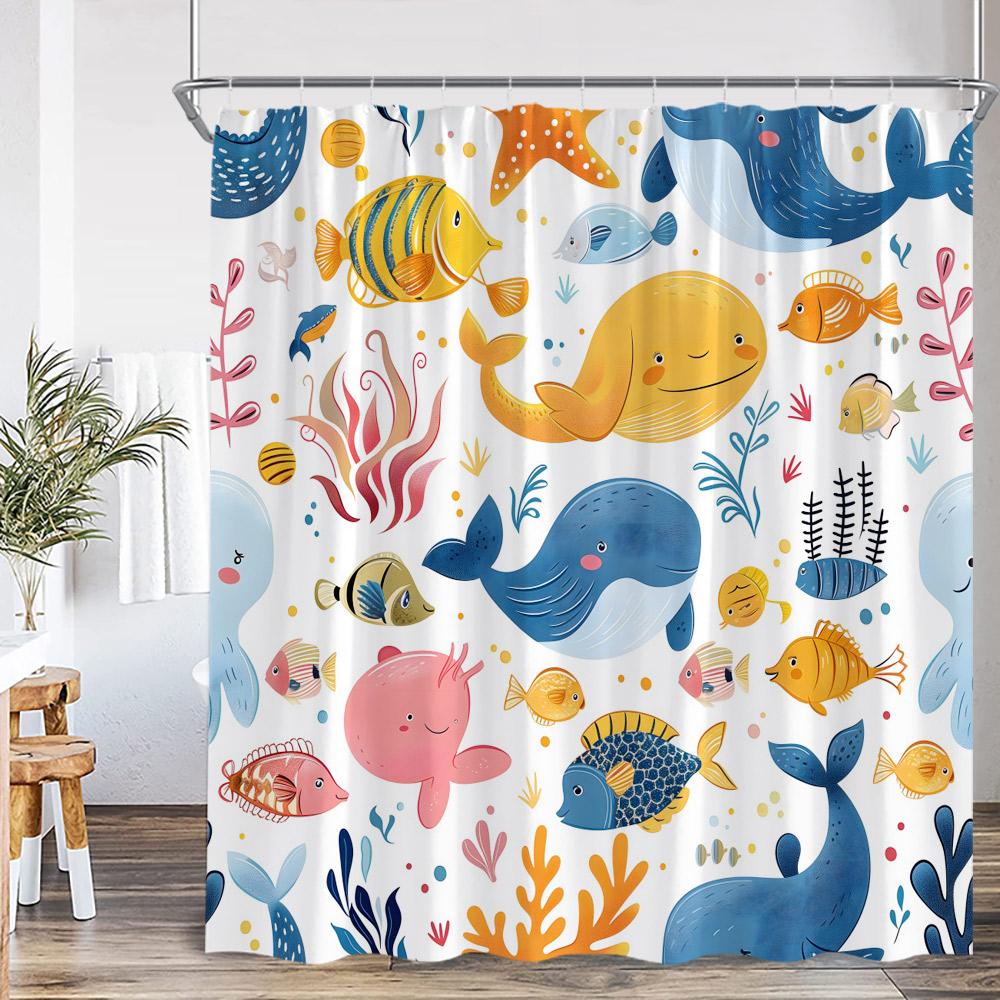 Cartoon Ocean Animals Kids Shower Curtains Tropical Fishes Coral Starfish Shell Bathroom Decorations Funny Children Bath Curtain