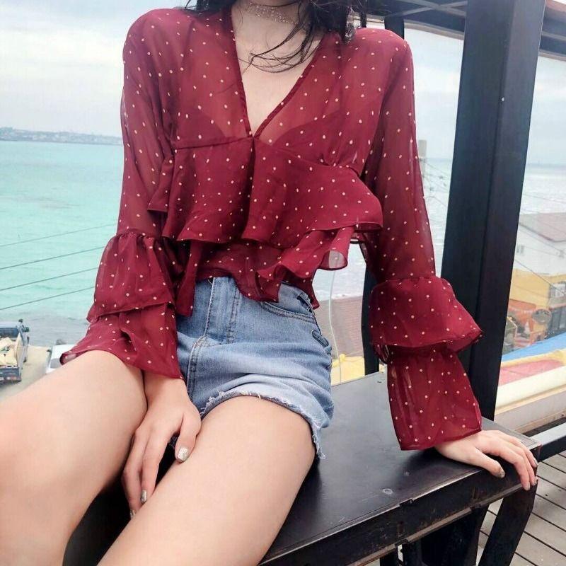 Spring Summer New Sweet Long Sleeve Ruffles Women's Loose Folds Korean All-match Polka Dot Chiffon Shirt