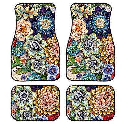 Universal Fit Auto Carpet Floor Mats Set of 4 for Women Girls Decorative Boho Floral Print Car Floor Mats Front & Rear Liners Set