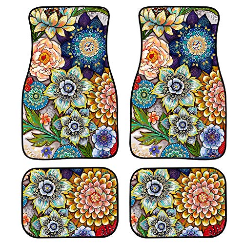 Universal Fit Auto Carpet Floor Mats Set of 4 for Women Girls Decorative Boho Floral Print Car Floor Mats Front & Rear Liners Set