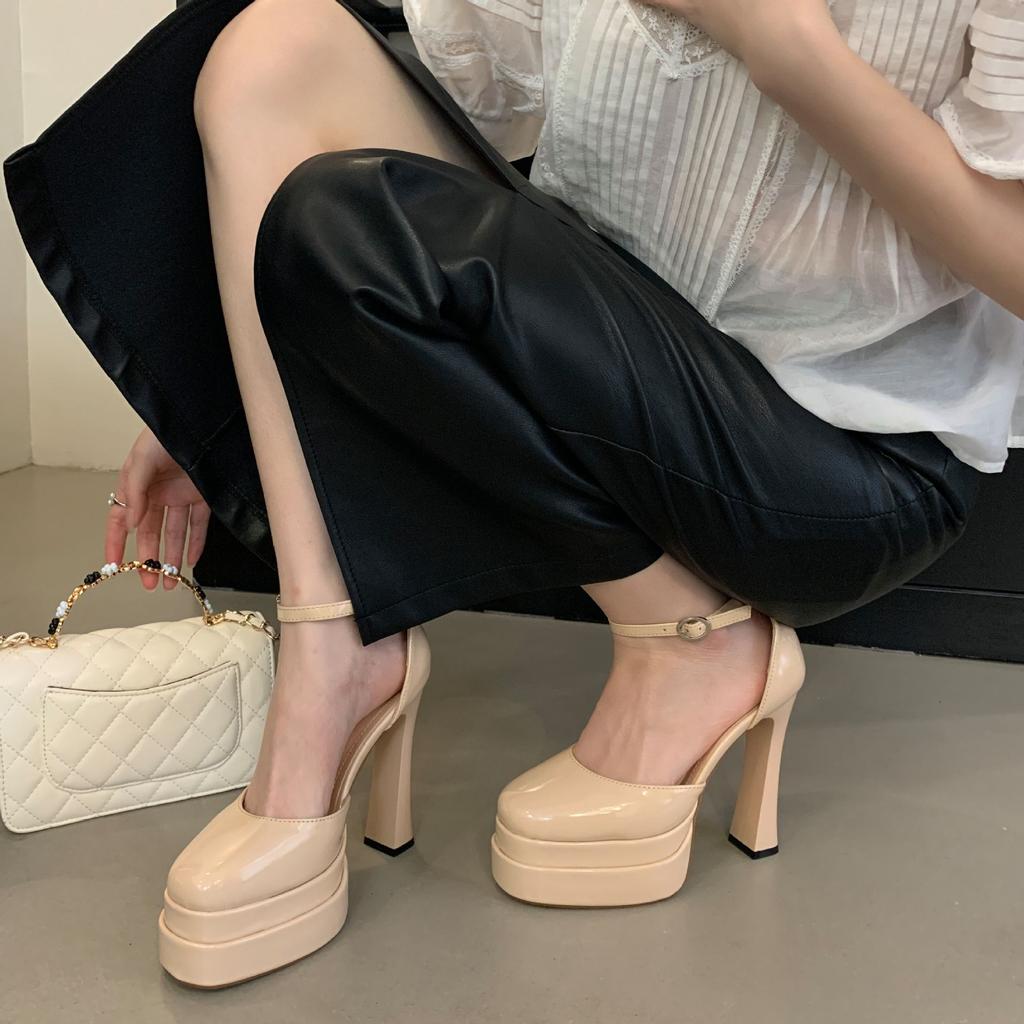 Fashion 2025 Super High Heel  Waterproof Platform Wedding Shoes Patent Leather High Heels Thick Heel Performance Host A Single Shoes