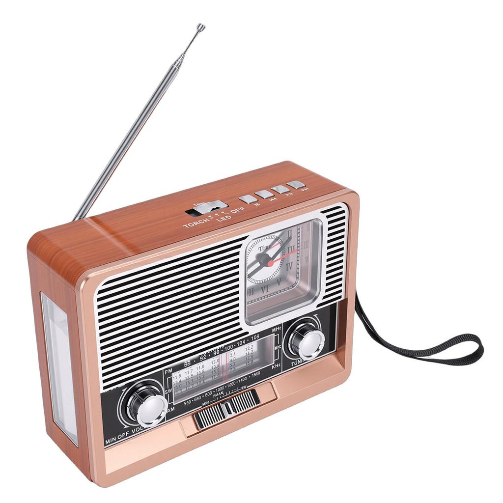 Rádio Retro AM FM SW Recarregável por USB Alimentado por Energia Solar Rádio Relógio Vintage com Lanterna Alto-falante Suporte a Pen Drive USB