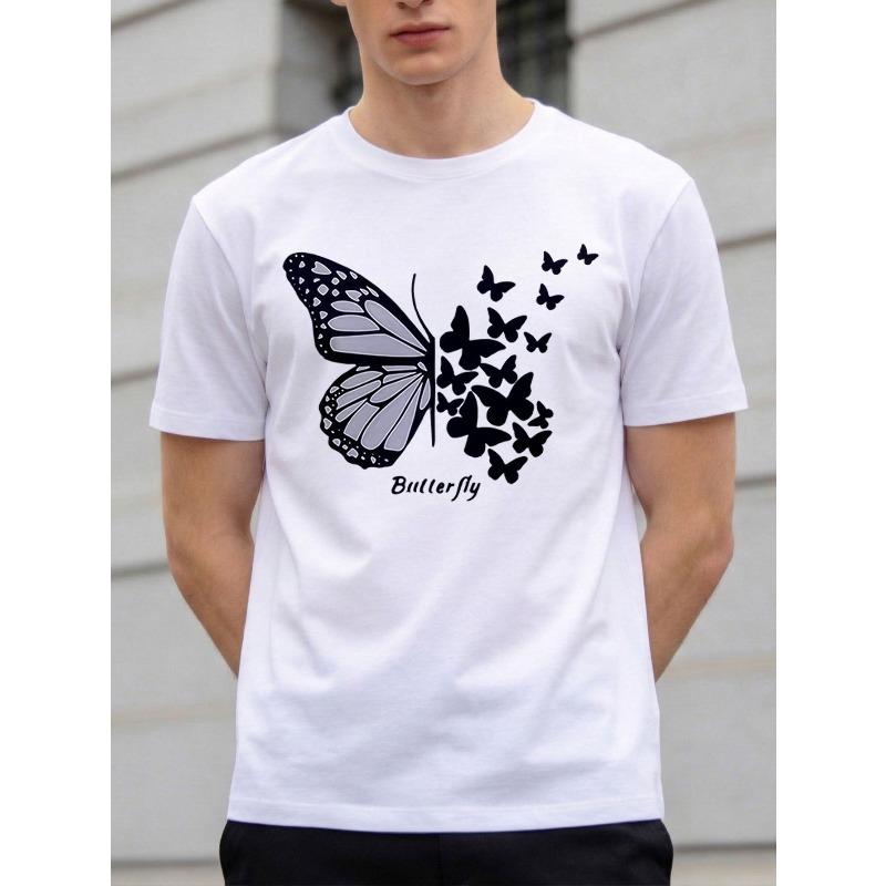 T-shirt con Stampa Farfalle, Taglia Europea, Girocollo Casual, Vestibilità Regolare, Manica Corta, Tessuto Leggermente Elasticizzato Per Uomo, Ideale Per Estate e Uso Quotidiano