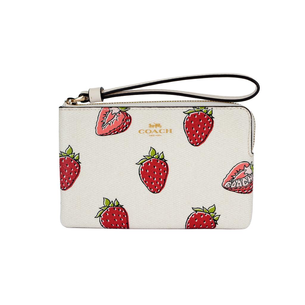 Coach Corner Zip 16 Strawberry Print Leather Clutch Small Women Clutch Chalk Red CBB81-IMCAH